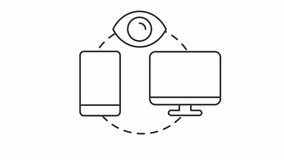 Cross device tracking line animation. Connected devices and eye watching animated icon. Targeted marketing. Black illustration on white background. HD video with alpha channel. Motion graphic