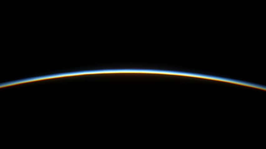 Sunrise over the Earth. View from space. The earth rotates towards the sun. The camera moves away. Realistic atmosphere. Volumetric clouds. Starry sky. 4K. 3d rendering. Stars twinkle.