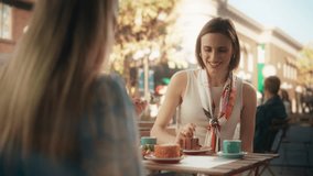 Female Friends Hanging Out Together in a Street Bakery. Eating Tasty Cake Desserts on a Terrace. Having Fun Conversations, Telling Gossip Stories, Vacation and Weekend Plans - Powered by Shutterstock - Get 15% off with code: PIKWIZARD15