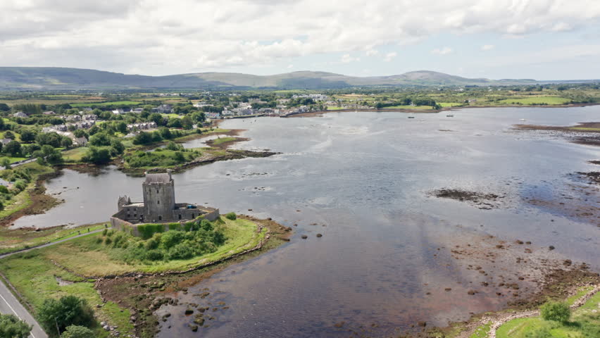 Aerial Shot of Historic Dunguaire Castle and Galway Bay in County Galway, Ireland. 4K Drone