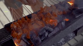 Malaysian traditional meat skewers slow motion