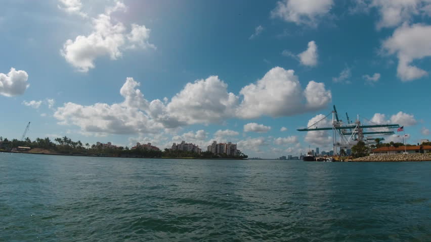 Boat POV traveling Biscayne Bay near Miami Florida on a beuatiful day