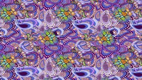 Motion footage background with colorful elements. Flowers. Vintage. Flag style. Paisley. Blue.