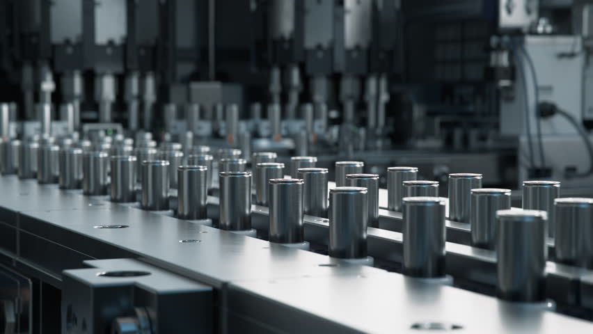 Battery Cells for Automotive Industry on Conveyor Belt. High Capacity Batteries on Production Line. Lithium-ion Cells for High-voltage Electric Vehicle Batteries Manufacturing Process.  Royalty-Free Stock Footage #1106456499