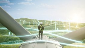 Caucasian Male Green Energy Engineer Using Laptop On Top Of Wind Turbine. Man Inspecting An Industrial Wind Farm. 3D Animated Visualization Of Sustainable Energy Being Generated. Zoom Out Backview. - Powered by Shutterstock - Get 15% off with code: PIKWIZARD15