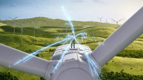 Caucasian Male Green Energy Engineer Using Laptop On Top Of Wind Turbine. Man Does Inspection On Industrial Wind Farm. 3D Animated Visualization Of Worker's Computer Being Connected to Global Network. - Powered by Shutterstock - Get 15% off with code: PIKWIZARD15