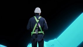 Dark 3D Animated Visualization: Caucasian Male Green Energy Engineer Using Laptop On Top Of Wind Turbine. Man Inspecting an Industrial Wind Farm. Sustainable Energy Being Generated. Zoom Out Backview. - Powered by Shutterstock - Get 15% off with code: PIKWIZARD15