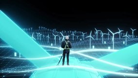 Dark 3D Animated Visualization: Caucasian Male Green Energy Engineer Using Laptop On Top Of Wind Turbine. Man Inspecting an Industrial Wind Farm. Sustainable Energy Being Generated. Zoom Out Backview. - Powered by Shutterstock - Get 15% off with code: PIKWIZARD15