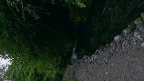 Vertical video 4k. FPV sport drone low dynamic flight in ravine under bridge river pond green tropical rainforest hilly terrain. Aerial view shot flying over water stream with exotic fern plant forest