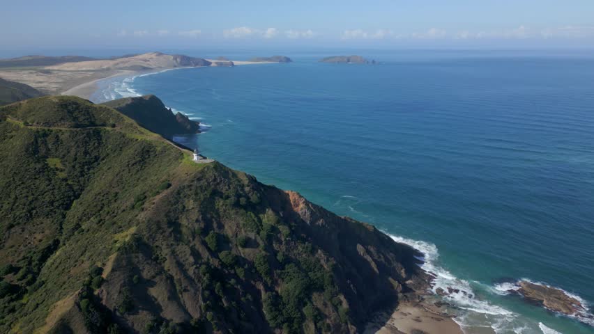 A done shot lookin back inland at the lighthouse of cape Reinga