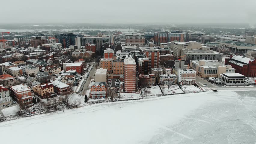 aerial campus of University of Wisconsin, Madison, famed institution overlooking Lake Mendota 