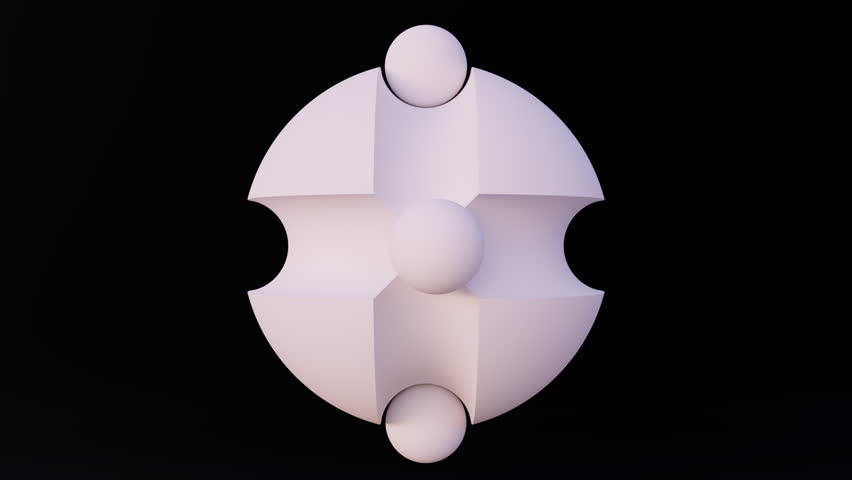 3D render of abstract loopable white paper spheres on black background. Seamless loopable motion design.