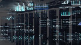 Animation of texts, graphs, loading circles and bars against server room in background. Digital composite, multiple exposure, report, business, data center, networking, network server concept. - Powered by Shutterstock - Get 15% off with code: PIKWIZARD15