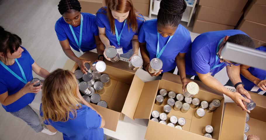 Food Bank Humanitarian Aid In Donation Boxes. Volunteer Community Royalty-Free Stock Footage #1106475055