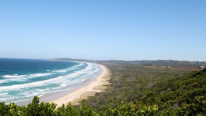 iew looking over Tallow Beach in Byron Bay, New South Wales, east Australia Royalty-Free Stock Footage #1106476349