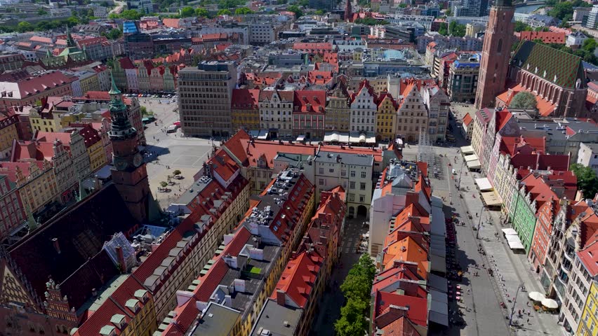 Drone footage of market square in Wroclaw