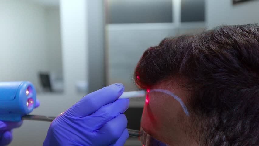 laser measures the accuracy of hair transplantation in the clinic. a device with a red laser and a white pencil in the hands of a cosmetologist. High quality 4k footage Royalty-Free Stock Footage #1106481381