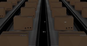 Animation of data on screens over cardboard boxes on conveyor belts. Global shipping, networks, business, finances, computing and data processing concept digitally generated video. - Powered by Shutterstock - Get 15% off with code: PIKWIZARD15