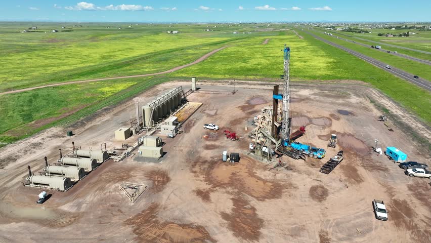 Oil drilling site in remote area in USA. Aerial orbit of worksite with oil derrick and oil rig and holding tanks.