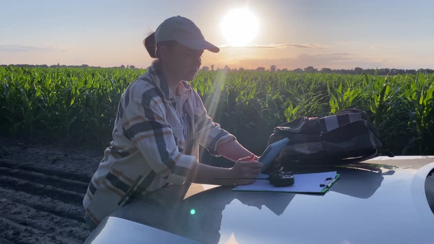 Female agronomist utilizes digital tablet to inspect field by using remote control drone. Woman farmer working on car hood at cornfield in golden hour sunset. Agriculture, farming, rural concept Royalty-Free Stock Footage #1106486209