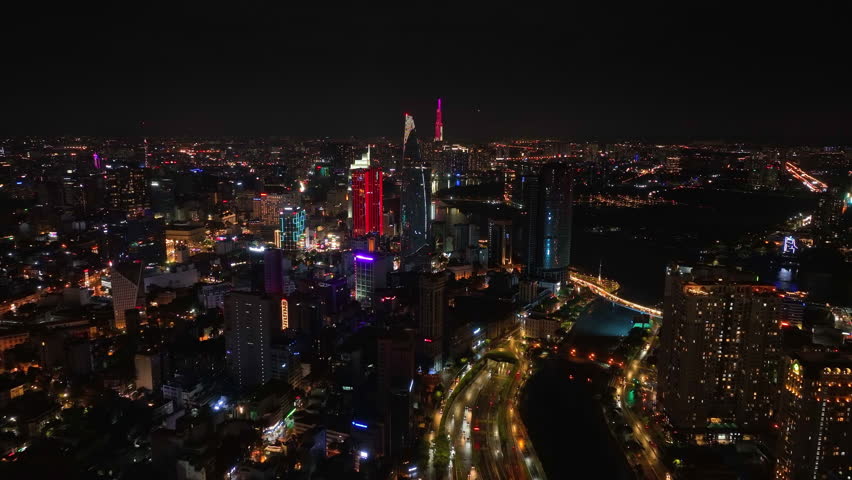 Aerial view of traffic in Ho Chi Minh City, Vietnam at night.