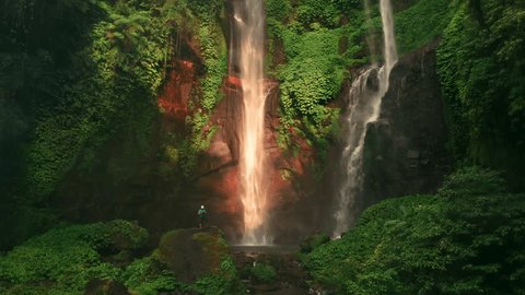 One of the hidden gems of the North island Bali Sekumpul Waterfall the highest and most beautiful waterfall Bali, Indonesia 4K Aerial view: stockvideo