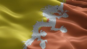 Bhutan flag video waving in wind. Realistic flag background. Close up view, perfect loop, 4K footage