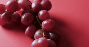Video of red grapes with copy space on red background. Fresh food, fruit and colour concept.