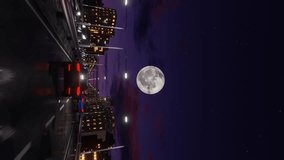 Retro-futuristic drive in night city. Vertical video.