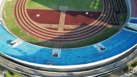 Aerial View of Football Stadion Mandala Krida. Aerial view of Soccer Stadium in Yogyakarta with field and running tracks. 4k Video