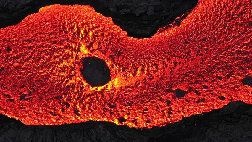 Aerial panoramic footage of Floating Lava in Stream. Drone Footage, Lava is Spreading Out of Crater.