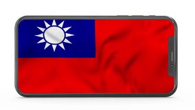 Waving flag of Taiwan on a mobile phone screen. 3d animation in 4k resolution video.