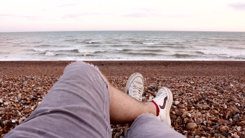 Young Male Man Teen Guy Chilling Relaxing Legs on Beach Shorts White Shoes