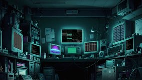 Cozy desk with multiple computer screens running code in retro style. Loop Animation Video For LoFi Music and Live Wallpaper