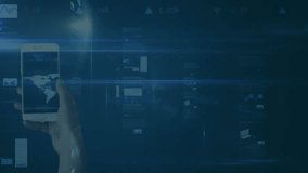 Animation of financial data processing over world map and smartphone. Global business, finances, computing and data processing concept digitally generated video. - Powered by Shutterstock - Get 15% off with code: PIKWIZARD15