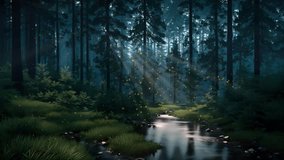 Magic supernatural firefly lights soaring over forest river among pine tree silhouettes at dark mysterious foggy night. With no people fantasy fairytale woodland landscape 3D animation rendered in 4K - Powered by Shutterstock - Get 15% off with code: PIKWIZARD15