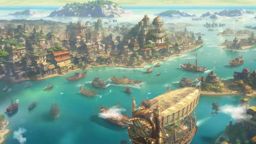 A sprawling fantasy airship port, harbor, and city that seems to have emerged from the dreams of both engineers and artists alike Royalty-Free Stock Footage #1106505679
