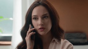 Close up Caucasian worried anxiety serious girl lady female woman at home businesswoman at office talk mobile phone answer call hearing bad news discuss problem troubled talking smartphone difficulty - Powered by Shutterstock - Get 15% off with code: PIKWIZARD15