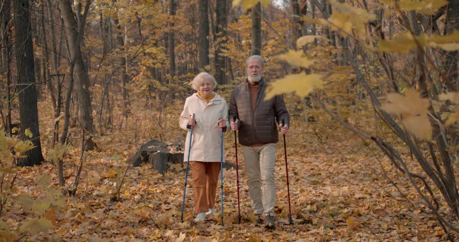Elderly woman and man practice nordic walk. Senior old lady and man with scandinavian pole hike in park Slow motion, mature couple enjoy wonderful picturesque landscape, nature Royalty-Free Stock Footage #1106511279