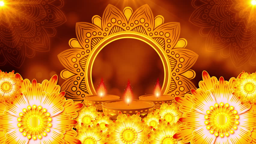 Oil Lamp and Flowers, Mandala with Bokeh Nice Motion Background, Happy Diwali, Deepavali or Dipawali Hindu Festival Celebration,  Seamless Loop, 4K