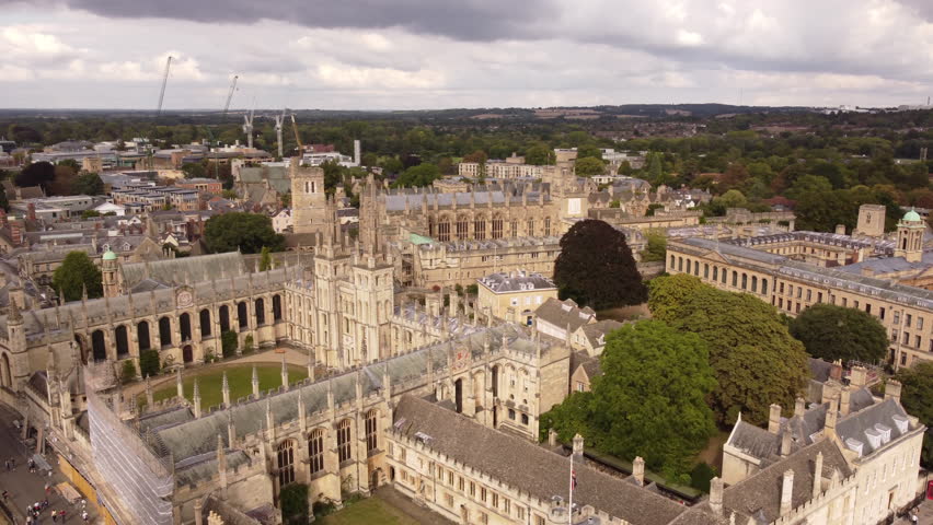 Oxford University architecture, old city buildings drone 4k aerial footage