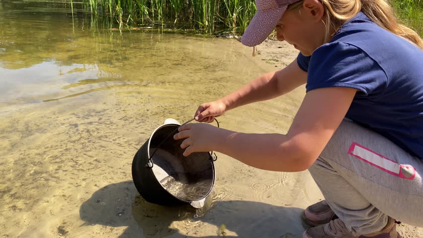 Environmental conservation natural resources, respectful attitude to nature. Pre-teen girl collects fresh clean water pure pond using camping pot while family hike in the great outdoors on sunny day