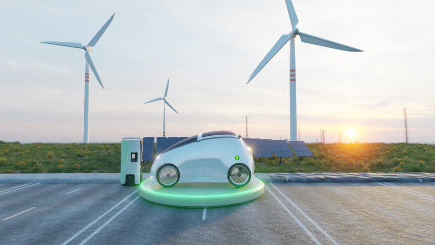 wirless charging with mind mill farm footage and solar panel farm, 3d illustration rendering