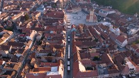 4k Aerial flyover Drone footage of the old city center of Brasov Romania. 