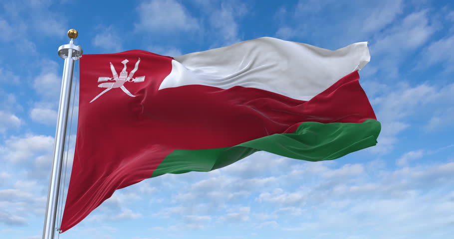 Oman flag with flagpole waving in wind, rolling clouds background looping, 4K video (Perfect Loop)