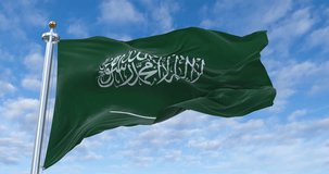 Saudi Arabia flag with flagpole waving in wind, rolling clouds background looping, 4K video (Perfect Loop)