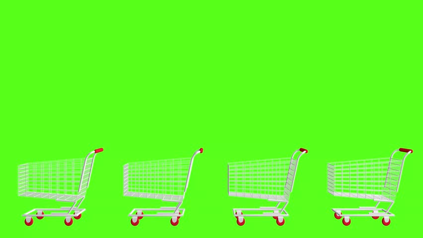 White Shopping Carts  on a green screen . Concept for online shopping. 3D loop animation. Grocery basket .