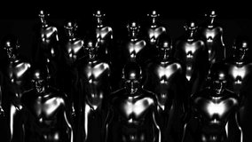 Army of robots. A crowd of cyborg workers marching in formation. 3D looped animation. 3D Illustration