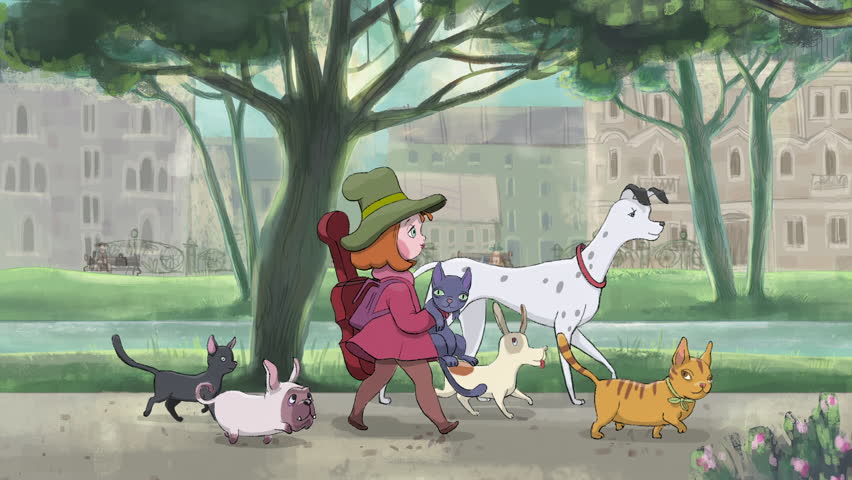 A cute girl in a hat with a violin on the back and a kitten in her hands walking in the park with many adorable dogs and cats. Classic hand-drawn animation. Anime style.