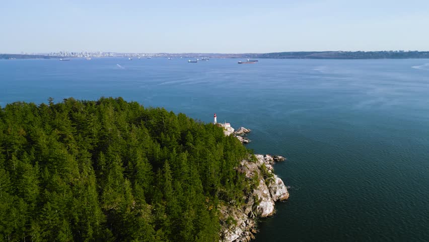 Aerial view of historical landmark Point Atkinson Lighthouse, West Vancouver